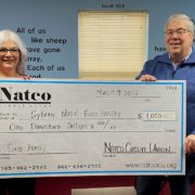 Natco staff present check to Sylvan Nook Food Pantry