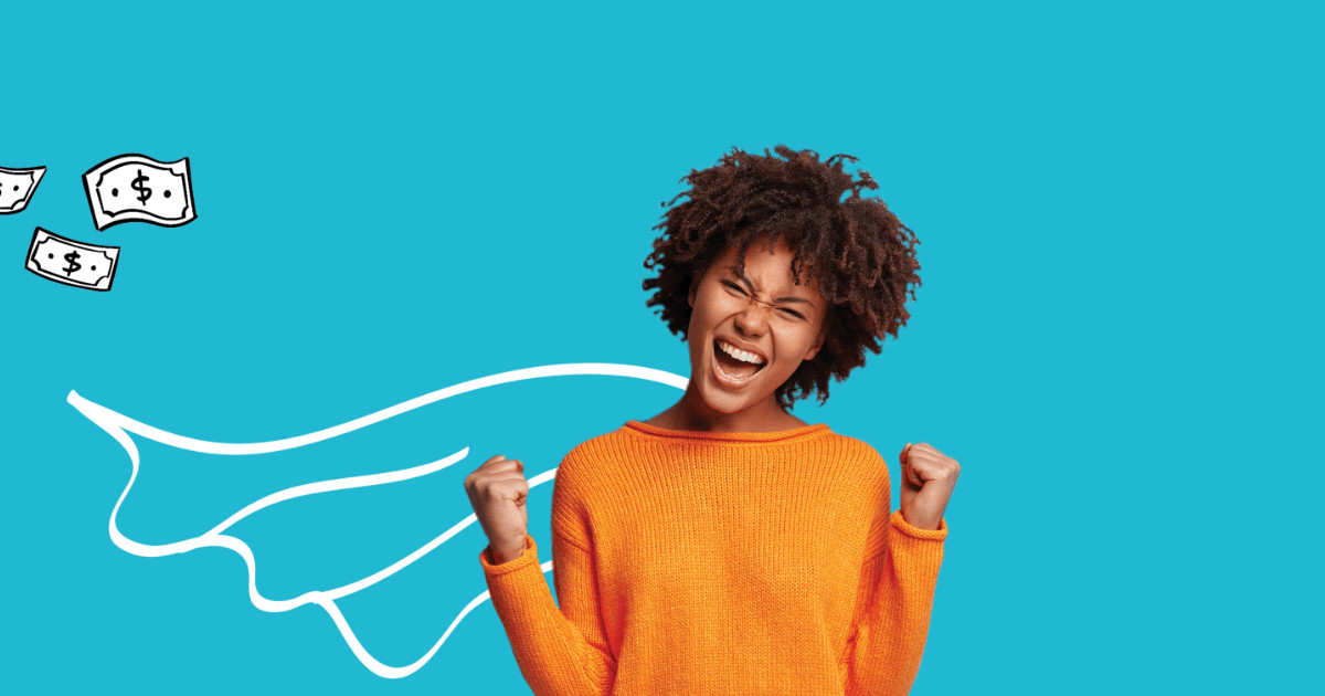 woman excited while wearing a drawn super hero cape