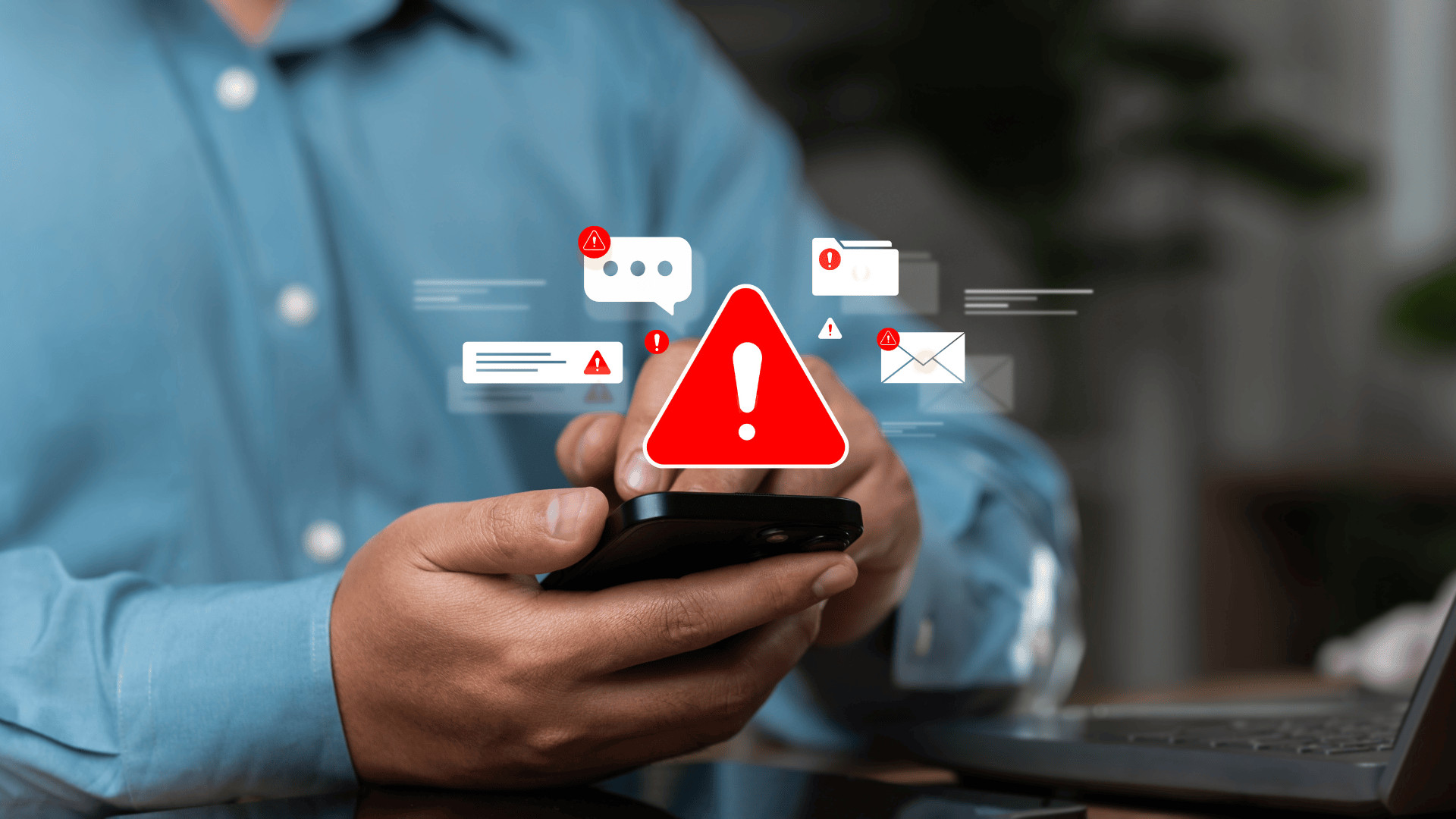 close up of person holidng phone with warning sign and multiple notifications