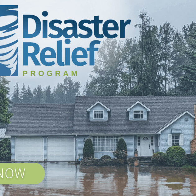 image of flooded house with disaster relief program with federal home loan bank of indianapolis logo and natco cares logo